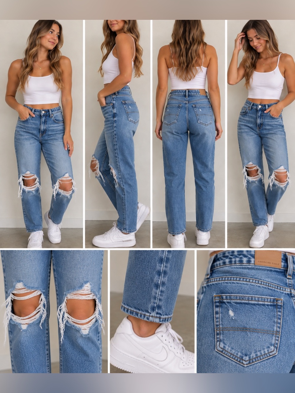 American Eagle Mom Jeans Size 4 Medium Wash Distressed Ripped Knee Stretch Denim